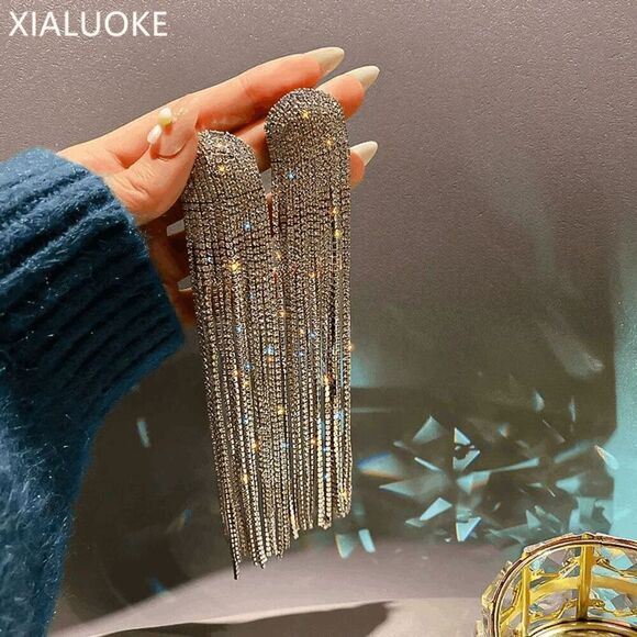 NWOT Bohemia Long Tassel Crystal Drop Earrings - Super Sparkly Festival Fancy - - Picture 2 of 5